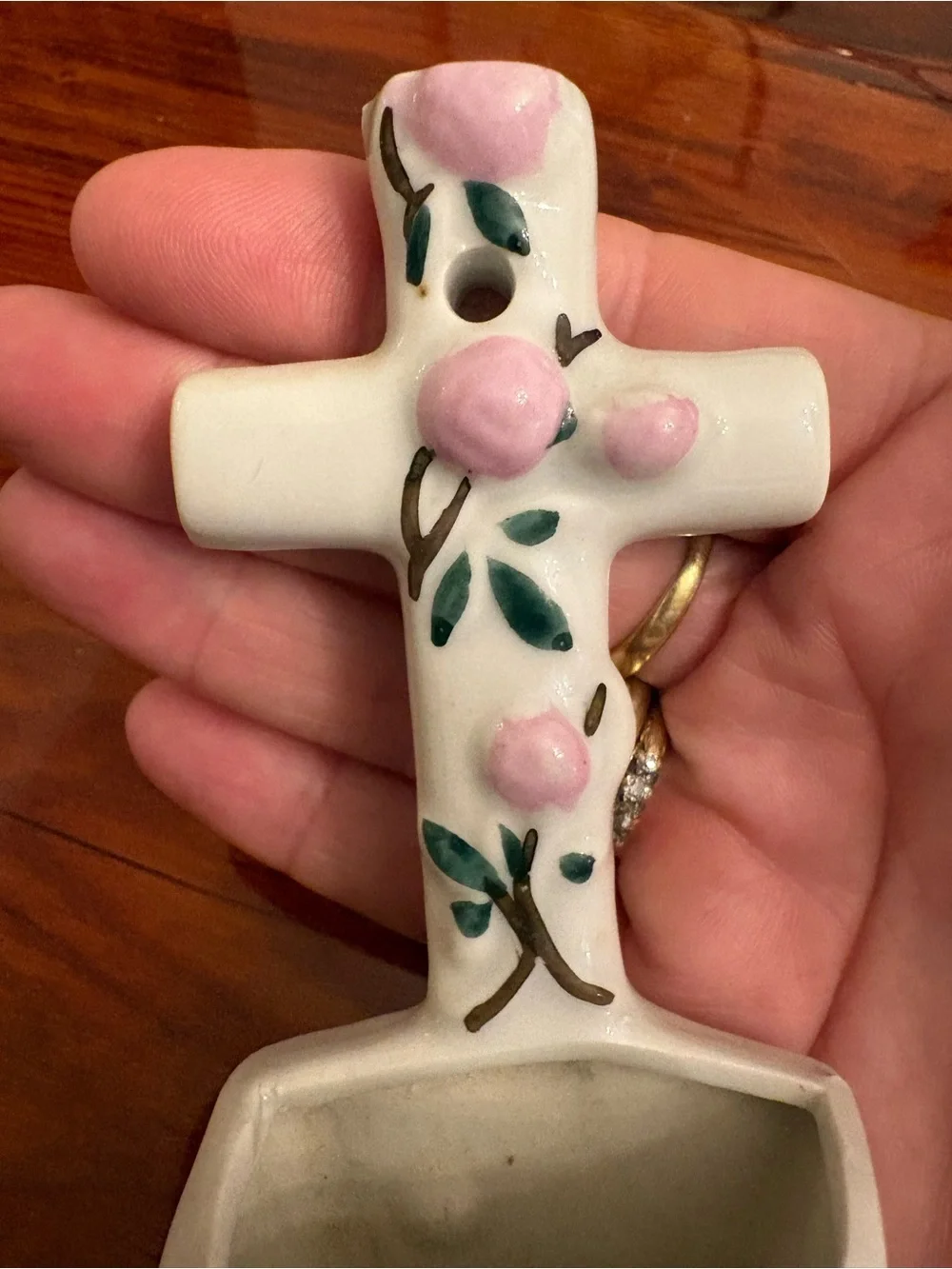 Holy Water Stoup Small Ceramic Cross Wall Pocket with ‘JHS’ Pink Floral Accents.